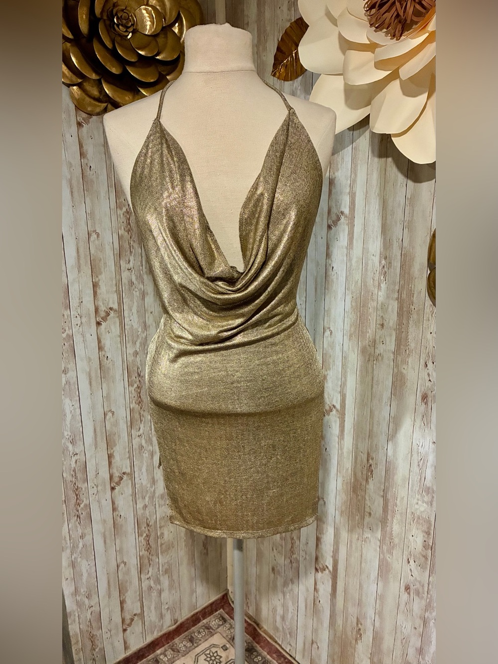 SHEIN Gold Metallic Halter Cowl Dress